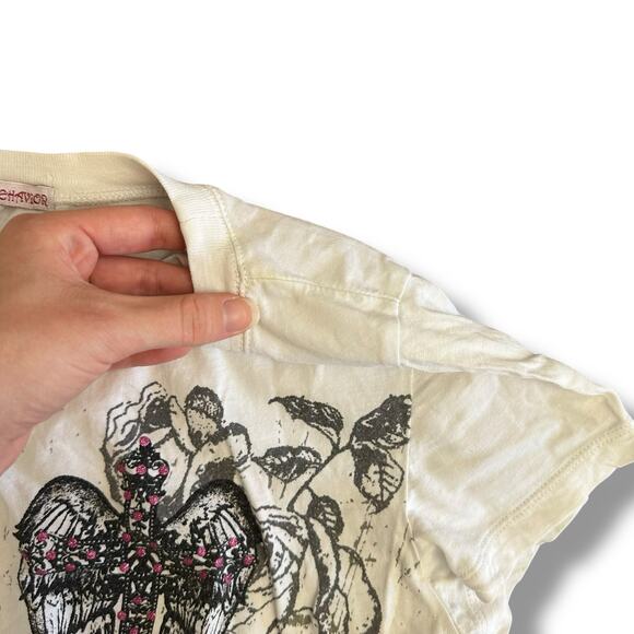 Y2K Graphic Rose Cross Tee Appropriate Behavior White Distressed Glitter S/M - Picture 7 of 8